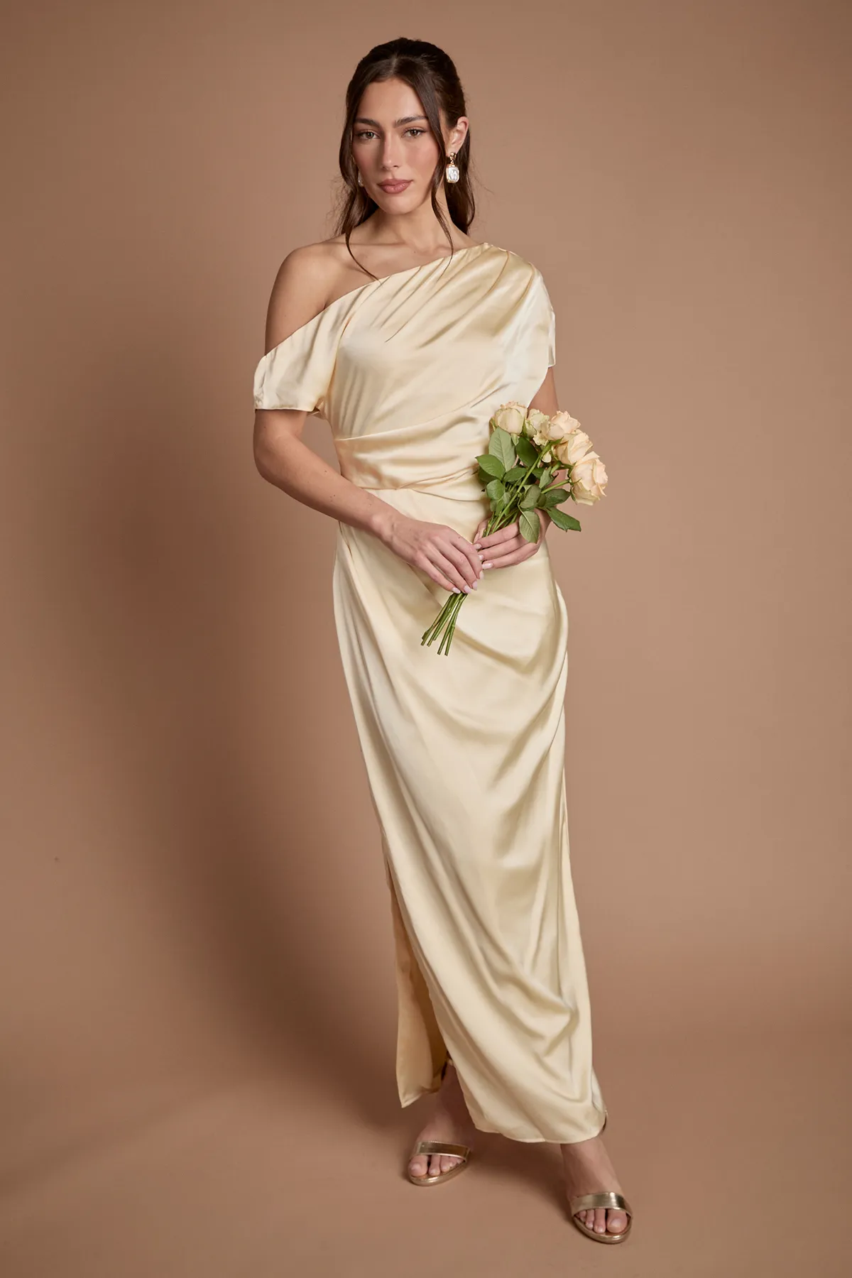 View product Satin Ruched Detail Off The Shoulder Maxi Bridesmaid Dress