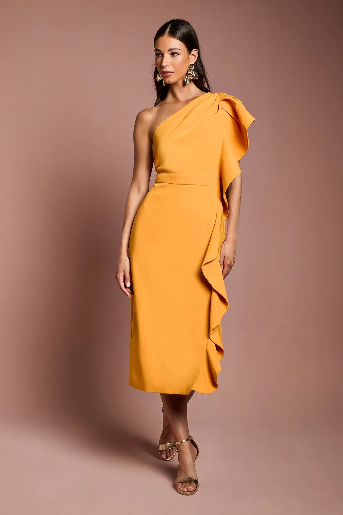View product One Shoulder Ruffle Crepe Pencil Midi Dress