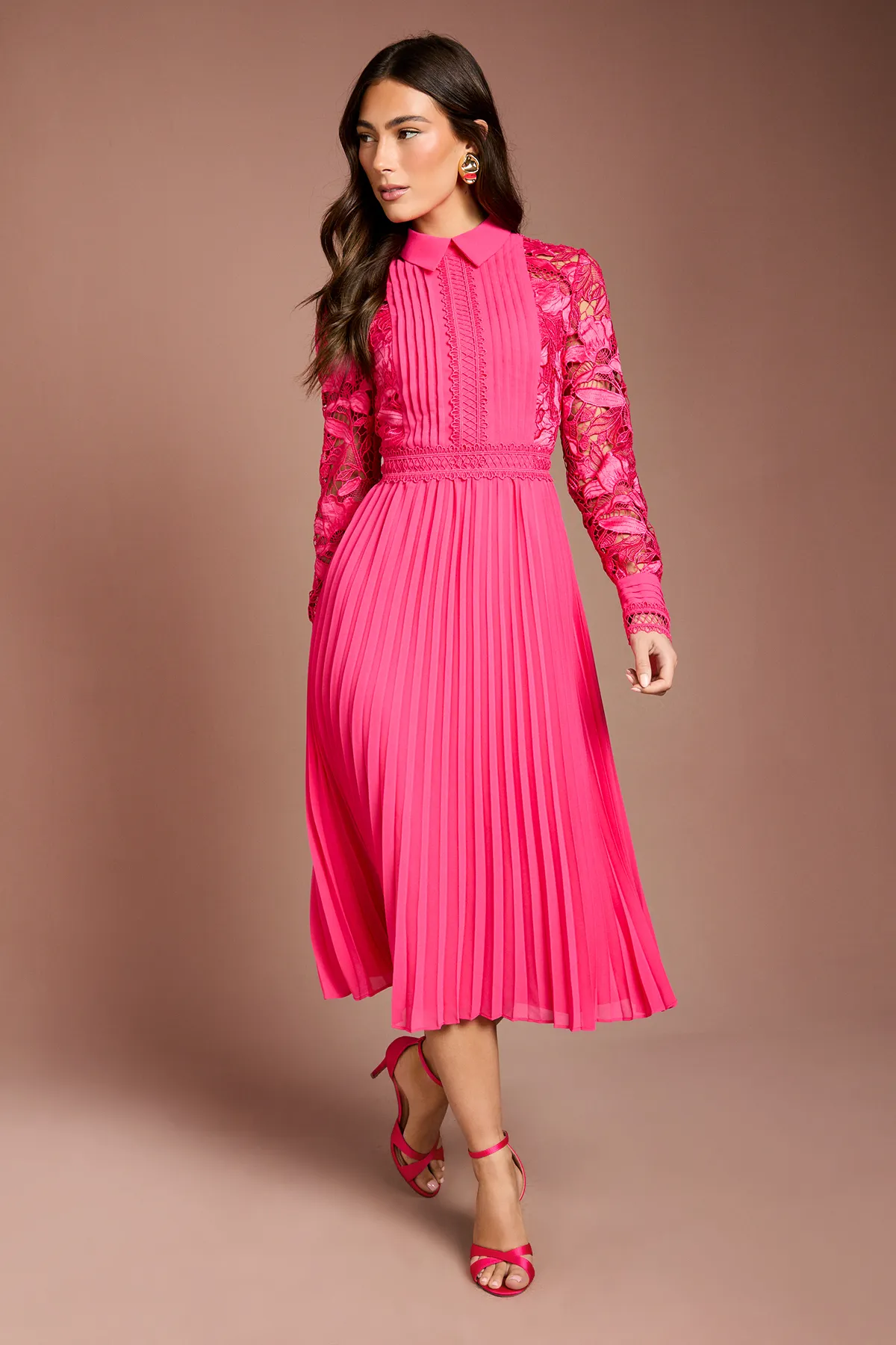 View product Long Sleeve Lace and Pleated Midi Shirt Dress