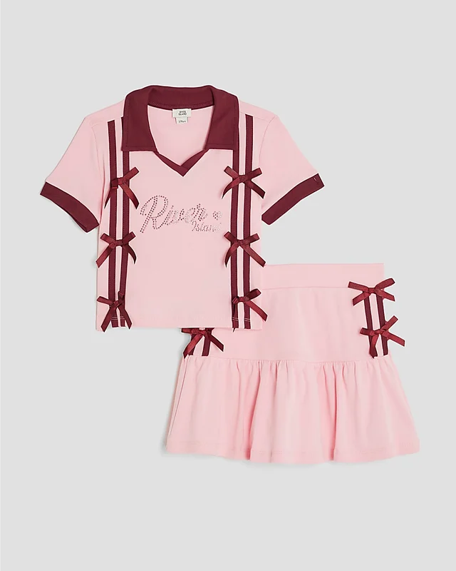 Price Dr River Island Girls Polo Top & Skirt Set Pink Bow 2 Piece